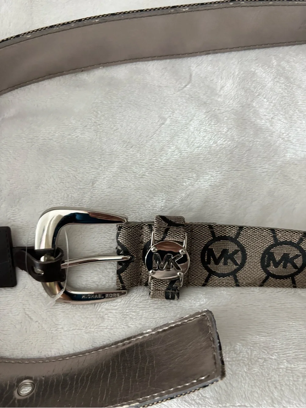 Michael Kors Beige Taupe MK Logo Belt with Silver Hardware